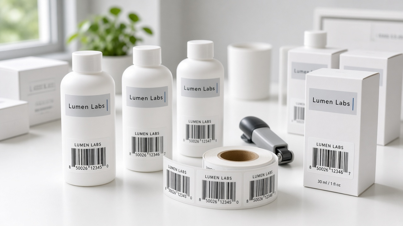 Bottles and jars with barcode and brand labels on a work surface