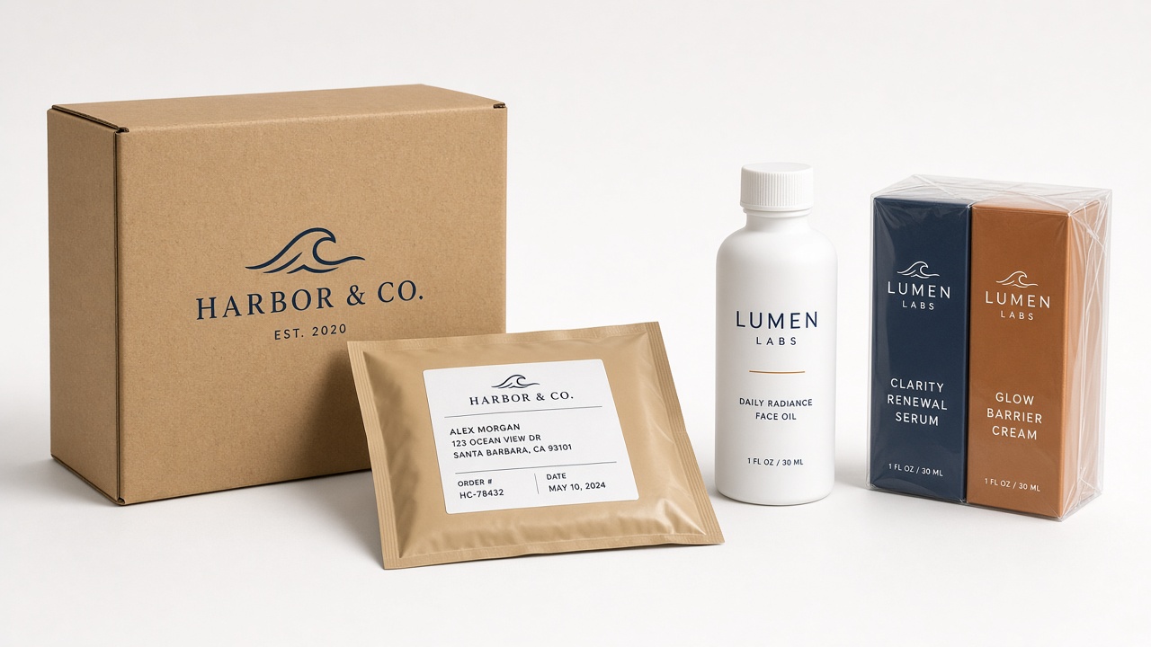 Studio arrangement of printed shipper boxes, kraft mailers, labeled bottles, and shrink-wrapped multipacks
